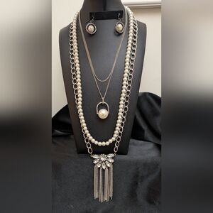 #4.TRENDING!Pearls, Long Rhidtonr Silver & Silver With Pearl Pendant & Ear